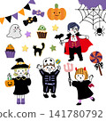 Halloween illustration set: Children in costumes with candy and pumpkins 141780792