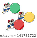 Three teams of children competing in a giant ball rolling race at a school sports day - Minimalist vector illustration 141781722