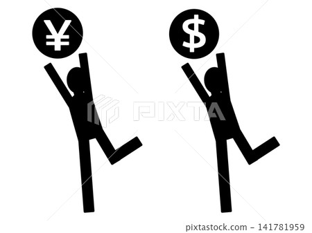 一個人高興地舉著日圓和美元的貨幣符號——外匯、外幣兌換、金融、貨幣符號和人 一個人高興地舉著日圓和美元的貨幣符號——外匯、外幣兌換、金融、貨幣符號和人 141781959