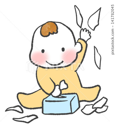 The baby keeps pulling tissues out of the box. The baby keeps pulling tissues out of the box. 141782045