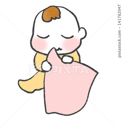 A baby sleeping with its favorite towel in its mouth. A baby sleeping with its favorite towel in its mouth. 141782047