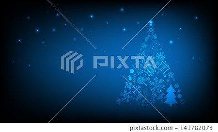 Abstract glowing blue Christmas tree formed by tech icons and snowflakes on dark background Abstract glowing blue Christmas tree formed by tech icons and snowflakes on dark background 141782073