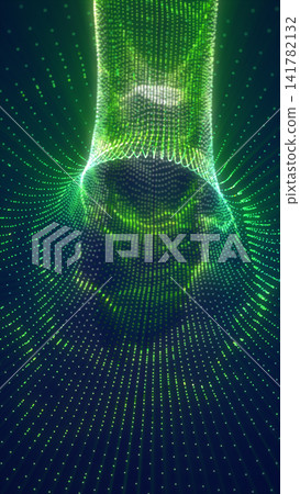 Green glowing particle funnel with dotted digital waves, representing data flow, cyber systems, and futuristic network technology. Green glowing particle funnel with dotted digital waves, representing data flow, cyber systems, and futuristic network technology. 141782132
