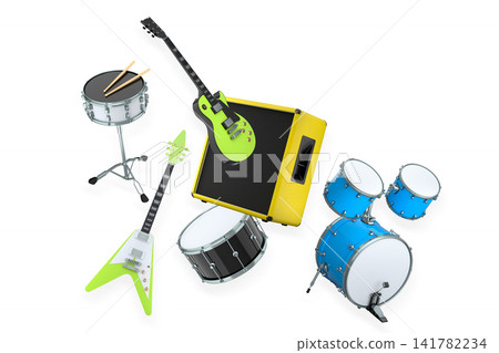 Set of electric acoustic guitars and drums with cymbals on white background Set of electric acoustic guitars and drums with cymbals on white background 141782234