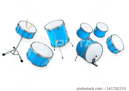 Set of drums and drumset with metal cymbals on white background Set of drums and drumset with metal cymbals on white background 141782235