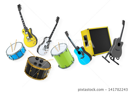 Set of electric acoustic guitars and drums with cymbals on white background Set of electric acoustic guitars and drums with cymbals on white background 141782243