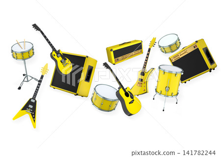 Set of electric acoustic guitars and drums with cymbals on white background 141782244