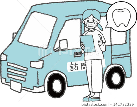 牙醫和牙科保健員駕車上門為患者看診的插圖(行動牙科護理、護理服務、雙色、向量圖) 牙醫和牙科保健員駕車上門為患者看診的插圖(行動牙科護理、護理服務、雙色、向量圖) 141782359