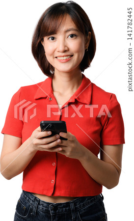 Asian woman smiling while holding smartphone in red shirt isolated on transparent background Asian woman smiling while holding smartphone in red shirt isolated on transparent background 141782445