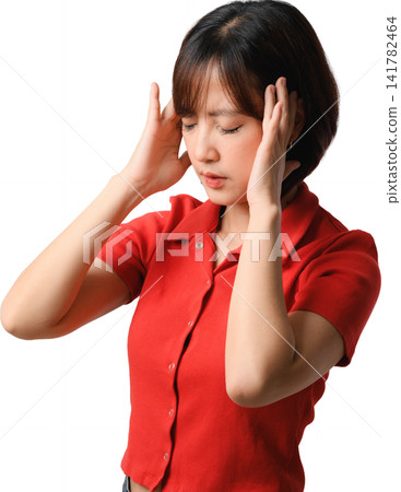 Asian woman in red shirt touching temples with closed eyes and expressing headache against transparent background Asian woman in red shirt touching temples with closed eyes and expressing headache against transparent background 141782464