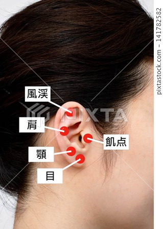 一位女士的側臉照，顯示了她耳朵上的五個穴位。 141782582