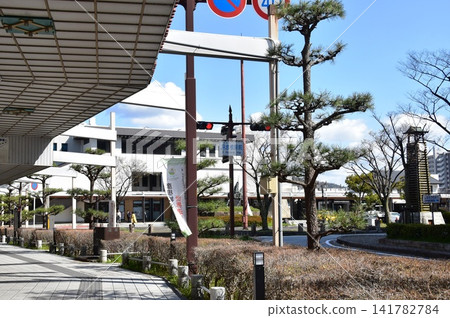 Shiga Prefecture: JR Hikone Station West Exit, Station Square, and Streetscape Shiga Prefecture: JR Hikone Station West Exit, Station Square, and Streetscape 141782784