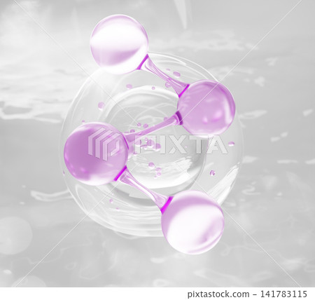 Pink 3D molecule structure in clear water bubble on liquid background. Genetic cosmetics, beauty science. PDRN serum drop with salmon DNA and peptides, gel cleanser or collagen cell. 3D illustration Pink 3D molecule structure in clear water bubble on liquid background. Genetic cosmetics, beauty science. PDRN serum drop with salmon DNA and peptides, gel cleanser or collagen cell. 3D illustration 141783115