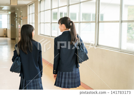 朋友們走在學校走廊的背影（穿著制服的小學生、國中生、高中生和女高中生） 141783173