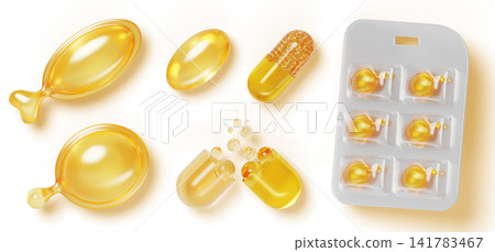 Golden capsules 3D set. Fish oil, omega 3 with yellow liquid bubbles, softgel vitamin E or D3, medicine blister pack with pills, collagen supplement, gold serum for hair and skin care. 3D illustration Golden capsules 3D set. Fish oil, omega 3 with yellow liquid bubbles, softgel vitamin E or D3, medicine blister pack with pills, collagen supplement, gold serum for hair and skin care. 3D illustration 141783467