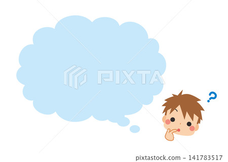 A cute little boy with a questioning expression and a speech bubble illustration on a white background. Clipart vector. A cute little boy with a questioning expression and a speech bubble illustration on a white background. Clipart vector. 141783517