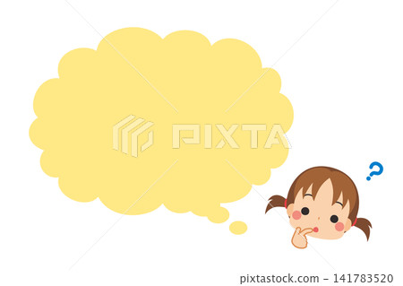 一個表情疑惑的可愛小女孩,旁邊有一個對話框,背景是白色。向量圖。 一個表情疑惑的可愛小女孩,旁邊有一個對話框,背景是白色。向量圖。 141783520