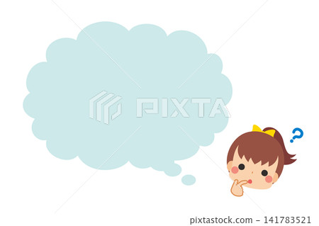 一個表情疑惑的可愛小女孩,旁邊有一個對話框,背景是白色。向量圖。 一個表情疑惑的可愛小女孩,旁邊有一個對話框,背景是白色。向量圖。 141783521