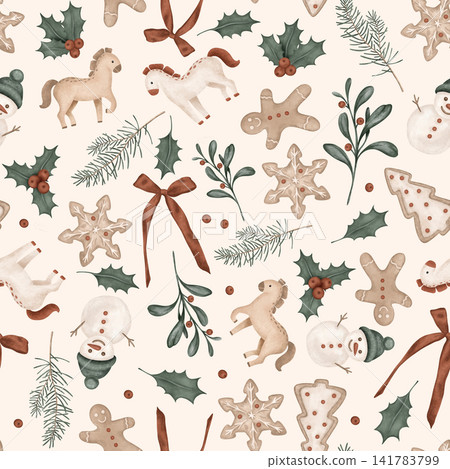 Christmas seamless pattern with symbol new year 2026, horses, pine branches, for tree, bow. Repeat ornament with illustration holly and red berries and sweet cookie gingerbread and snowman. 141783799