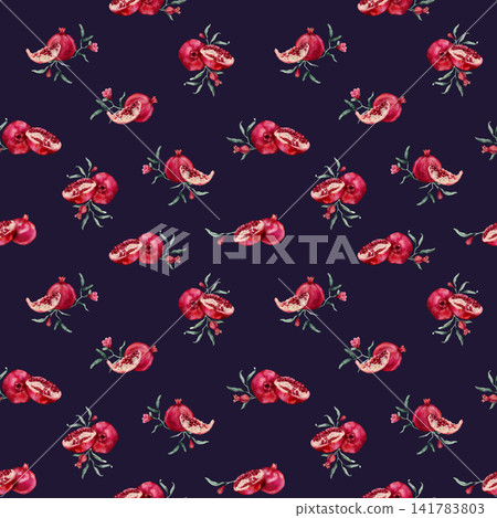 Seamless pattern with Pomegranate Fruit with green leaves and halved pomegranate showing red arils. Hand drawn watercolor illustration of red tropical Food with flowers on isolated background. Seamless pattern with Pomegranate Fruit with green leaves and halved pomegranate showing red arils. Hand drawn watercolor illustration of red tropical Food with flowers on isolated background. 141783803