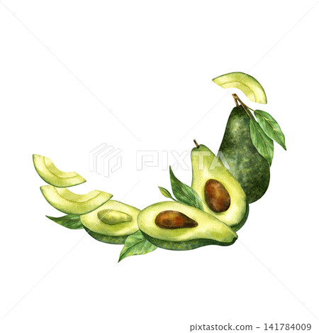 Watercolor avocado half wreath. Hand painted illustration botanical green design with ripe avocado fruits. Semicircle frame for food design, greeting cards, packaging. Isolated on white background Watercolor avocado half wreath. Hand painted illustration botanical green design with ripe avocado fruits. Semicircle frame for food design, greeting cards, packaging. Isolated on white background 141784009
