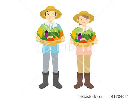A set of full-body illustrations of a man and a woman holding baskets of vegetables. A set of full-body illustrations of a man and a woman holding baskets of vegetables. 141784015