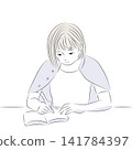 A simple line drawing illustration of a woman writing in her diary by hand. 141784397
