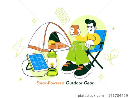 Solar Powered Outdoor Gear Vector Illustration Featuring Portable Solar Panels, Eco-Friendly Camping Equipment, and Renewable Energy Solutions Solar Powered Outdoor Gear Vector Illustration Featuring Portable Solar Panels, Eco-Friendly Camping Equipment, and Renewable Energy Solutions 141784429