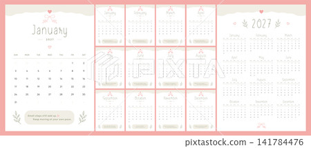 Wall Calendar 2027 Start Sunday Vector. 12 months 2027 Monthly Vertical Calendar Template Set with Cute Pink Hearts. Printable Design. English text. Wall Calendar 2027 Start Sunday Vector. 12 months 2027 Monthly Vertical Calendar Template Set with Cute Pink Hearts. Printable Design. English text. 141784476