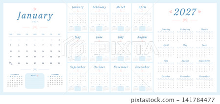 Calendar 2027 Start Sunday Vector. 12 months Monthly 2027 Wall Calendar Template Set with Elegant Blue and Pink Vertical Design. Printable Design. English text.  141784477