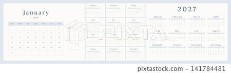 Calendar 2027 Start Sunday Vector. 12 months 2027 Minimal Blue Monthly Desk Calendar Template with Notes and Year Overview. Printable Design. English text. Calendar 2027 Start Sunday Vector. 12 months 2027 Minimal Blue Monthly Desk Calendar Template with Notes and Year Overview. Printable Design. English text. 141784481