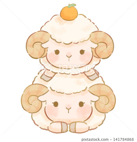 羊群堆疊成鏡餅(年糕):新年賀卡,新年插畫 羊群堆疊成鏡餅(年糕):新年賀卡,新年插畫 141784868