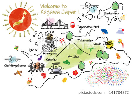 A cute, hand-drawn illustrated map of tourist spots and lucky charms in Kagawa Prefecture. A cute, hand-drawn illustrated map of tourist spots and lucky charms in Kagawa Prefecture. 141784872