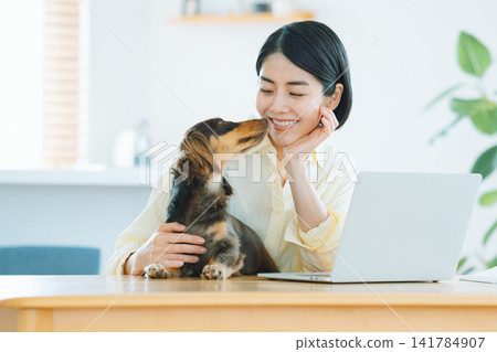 Telework: A woman working while holding a dog Telework: A woman working while holding a dog 141784907