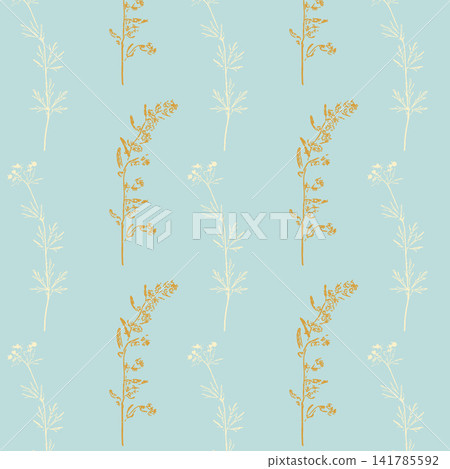 Wild meadow grass and herbal flowers hand drawn ink illustration seamless pattern in pastel blue, ocher and cream palette for minimalist nursery textile, botanical wallpaper, cosmetic packaging and s Wild meadow grass and herbal flowers hand drawn ink illustration seamless pattern in pastel blue, ocher and cream palette for minimalist nursery textile, botanical wallpaper, cosmetic packaging and s 141785592
