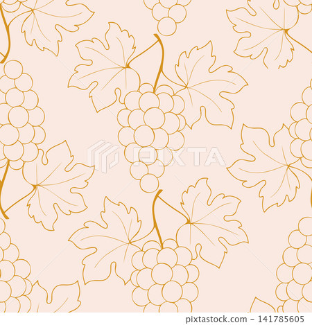 Grape bunch seamless pattern with golden outline leaves and berries on a pastel pink background for wine packaging, luxury textile design, wrapping paper, and elegant wallpaper Grape bunch seamless pattern with golden outline leaves and berries on a pastel pink background for wine packaging, luxury textile design, wrapping paper, and elegant wallpaper 141785605