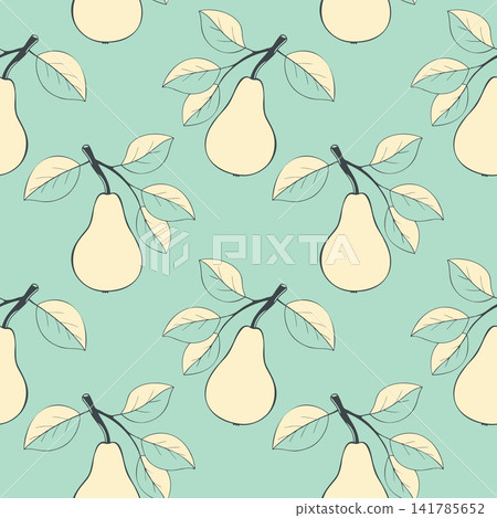 vintage pear fruit seamless pattern with botanical leaves on branches in mint green, pale yellow and grey colors for nursery bedding textile, kitchen wallpaper print, summer apparel and kid wrapping vintage pear fruit seamless pattern with botanical leaves on branches in mint green, pale yellow and grey colors for nursery bedding textile, kitchen wallpaper print, summer apparel and kid wrapping 141785652