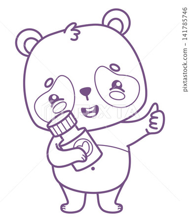 Cute Kawaii Panda Holding Vitamin Bottle Showing Thumbs Up Gesture. Line drawing, coloring page. Cartoon Animal Bear Character. Supplement Approval Concept. Vector Illustration. Kids collection. 141785746