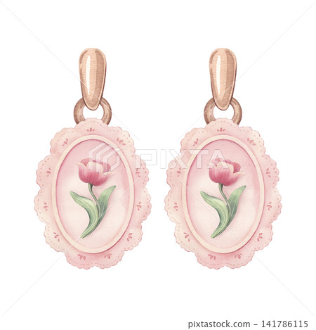 Cameo earrings with pink lace frames, tulips. Hand-painted watercolor illustration isolated on white for jewelry branding, packaging, greeting cards, invitations, logos, stickers, posters, design Cameo earrings with pink lace frames, tulips. Hand-painted watercolor illustration isolated on white for jewelry branding, packaging, greeting cards, invitations, logos, stickers, posters, design 141786115