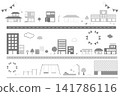 一套單色街景和住宅區插圖圖示集。 141786116