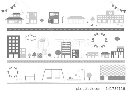一套單色街景和住宅區插圖圖示集。 一套單色街景和住宅區插圖圖示集。 141786116