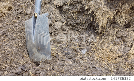 Shovel stuck in a pile of manure to fertilize the soil in the garden, selective focus. Shovel stuck in a pile of manure to fertilize the soil in the garden, selective focus. 141786322