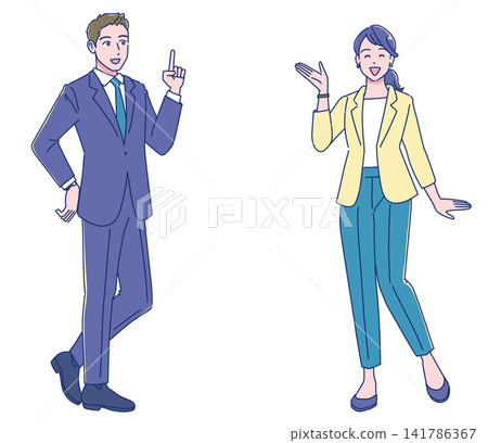 A male and female office worker explaining with smiles. A male and female office worker explaining with smiles. 141786367