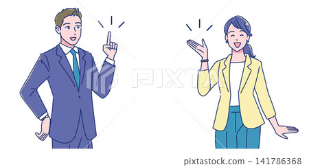 A male and female office worker explaining with smiles. A male and female office worker explaining with smiles. 141786368