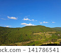 A Japanese rural landscape with blue skies and lush green mountains. A Japanese rural landscape with blue skies and lush green mountains. 141786541
