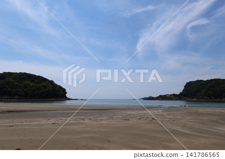Under a cloudy sky, the sandy beach stretches out quietly at low tide. 141786565