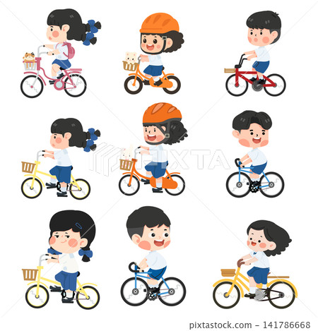 Students riding bicycles set cartoon style Students riding bicycles set cartoon style 141786668