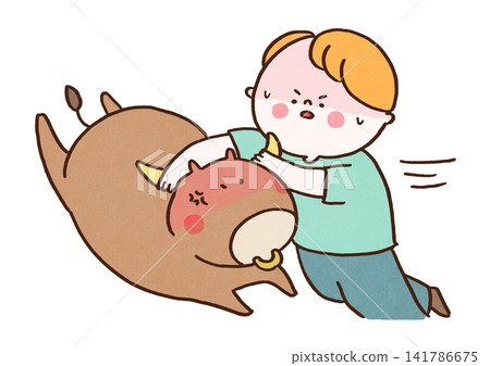 A man grabs the horns of a charging bull. A man grabs the horns of a charging bull. 141786675