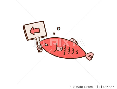 A red herring holding an arrow sign directs people in a different direction. A red herring holding an arrow sign directs people in a different direction. 141786827