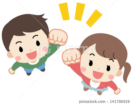 An illustration of children looking up and making a victory pose. 141786926